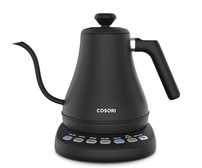 Matte black Cosori electric gooseneck kettle with temperature control base for coffee and tea brewing.