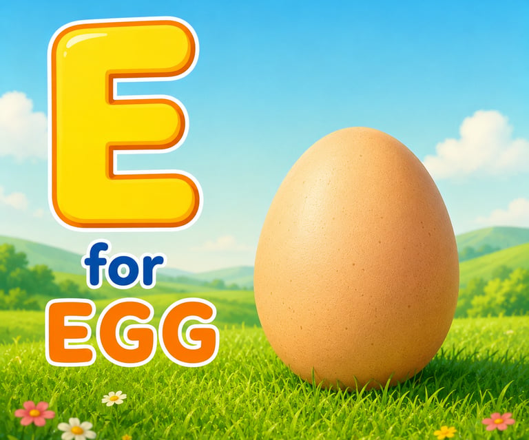 Educational alphabet graphic featuring a yellow letter E and a brown egg on a grassy field.