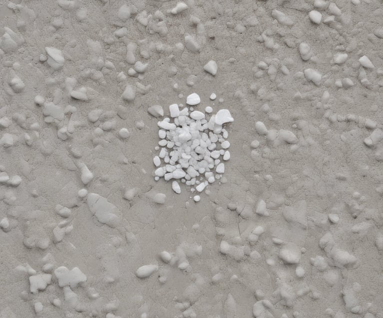 Close-up of granular ice melt crystals scattered on a snowy surface.