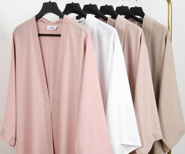 Soft pastel abayas draped elegantly on wooden hangers against a minimalist white backdrop.