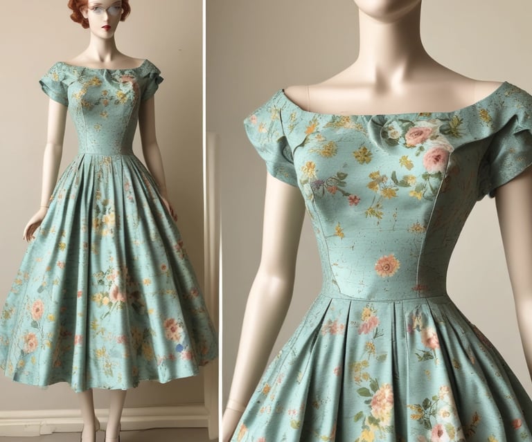 A delicate Victorian lace dress displayed on a vintage mannequin in soft natural light.