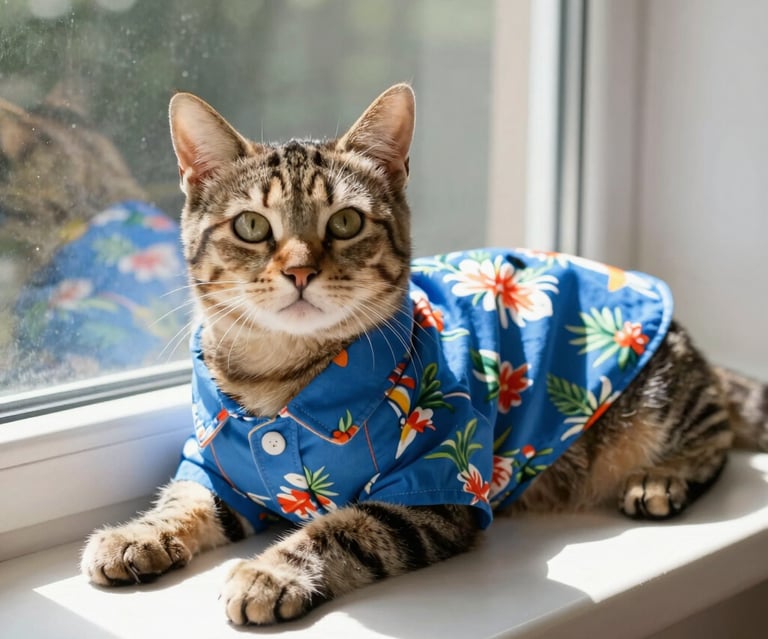 A tabby cat wearing a blue floral Hawaiian shirt sitting on a sunny window sill.