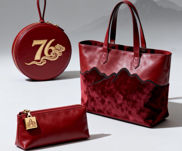 Splendid Rivers & Mountains" GWP collection, featuring an embroidered red velvet tote bag.