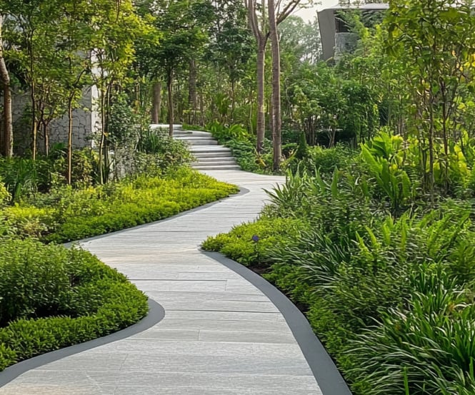 Urban Garden Walkway Hardscape Tiles, Stone flanked by Lush garden with trees