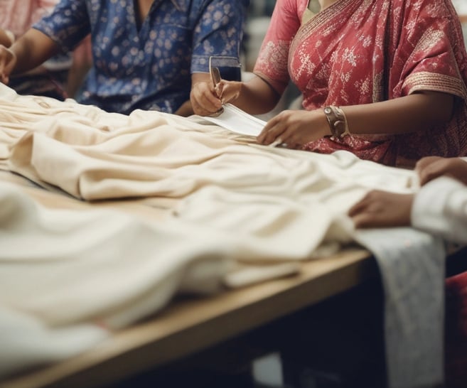 A skilled tailor carefully stitching a vibrant school uniform in a bright, organized factory setting.