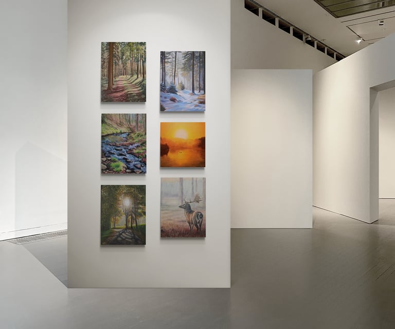 a room with six of my landscape paintings on the wall in a gallery