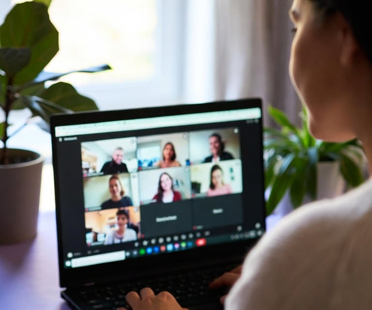 A woman working remotely participates in a professional video conference call on her laptop.