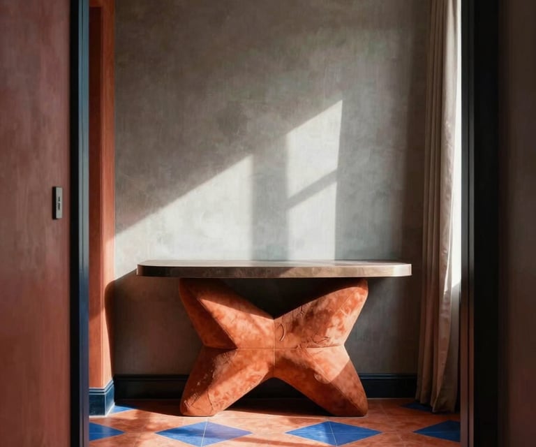 Full-height interior shot, tight vertical frame — a hotel suite anteroom with clashing jewel-tone upholstery, bold geometric floor tiles in terracotta and cobalt, controlled daylight raking across a sculptural console, no people, architectural and confrontational