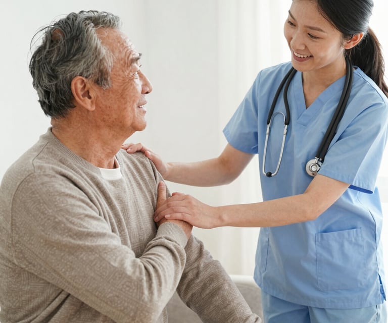 A warm caregiver holding hands with an elderly client in a cozy living room.