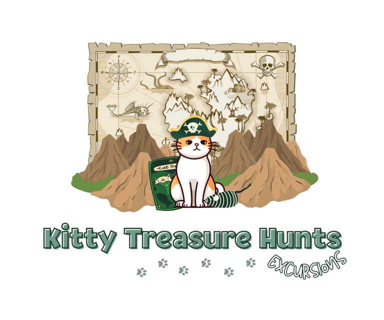 Julia's Pet Pals Boston MA Kitty Treasure Hunts Package featuring a pirate cat in front of a treasure map