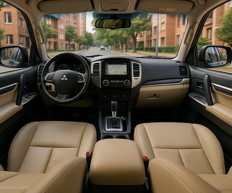 Interior da Mitsubishi Pajero Dakar visto do banco traseiro, mostrando painel, volante e bancos dian