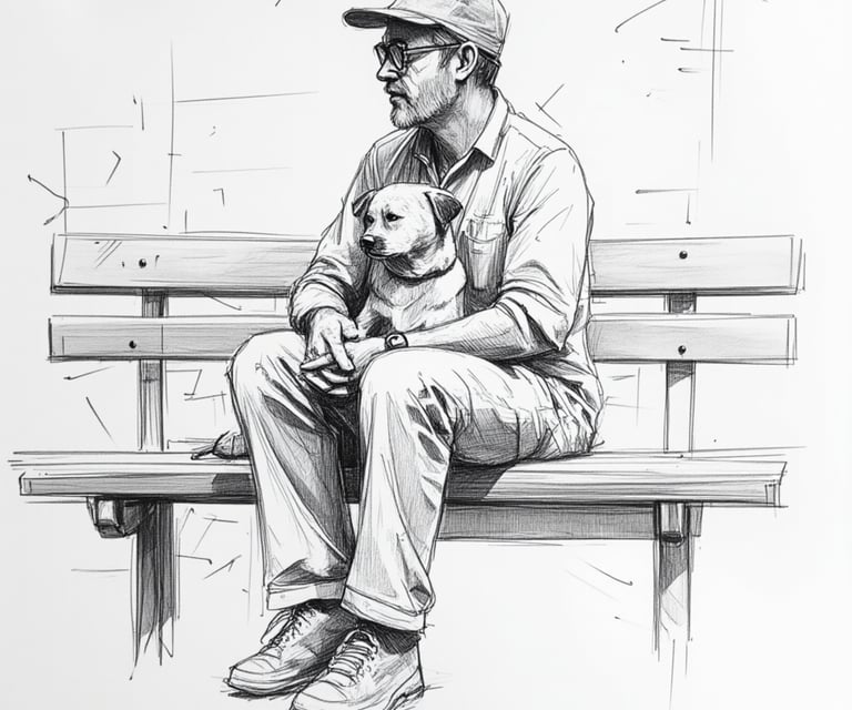 a man sitting on a bench with a dog