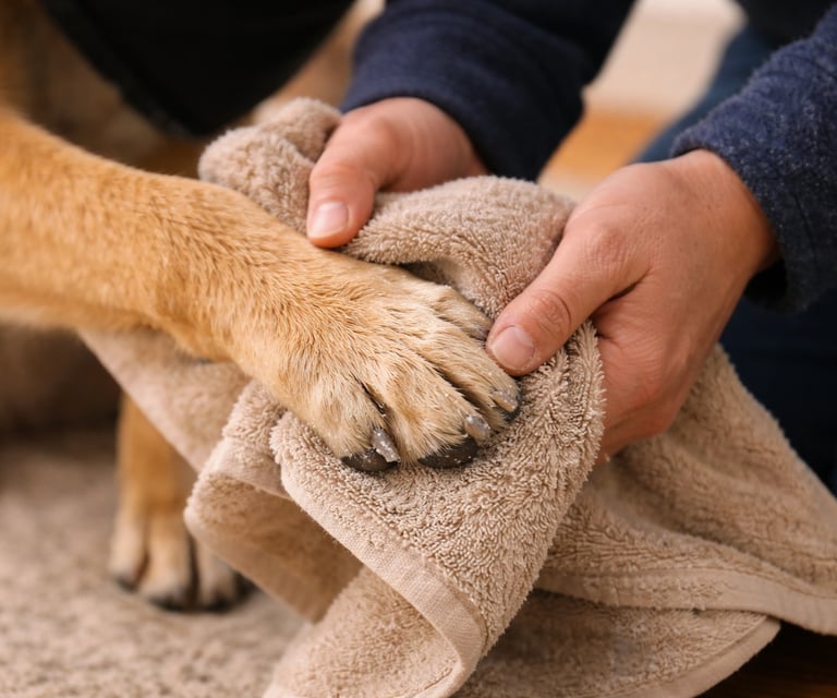 Dog paws being wiped clean after a winter walk.