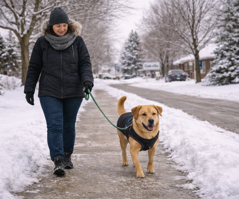 Dog enjoying a winter walk in Oakville with a pet sitter.