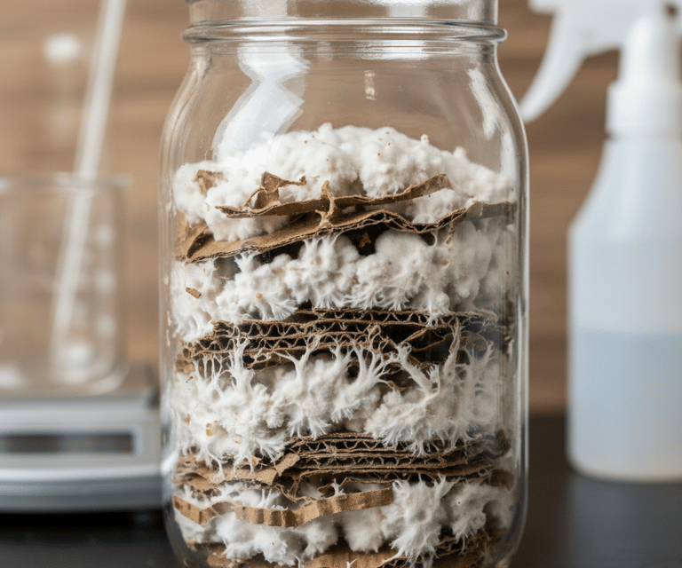 mycelium growing on cardboard in a jar