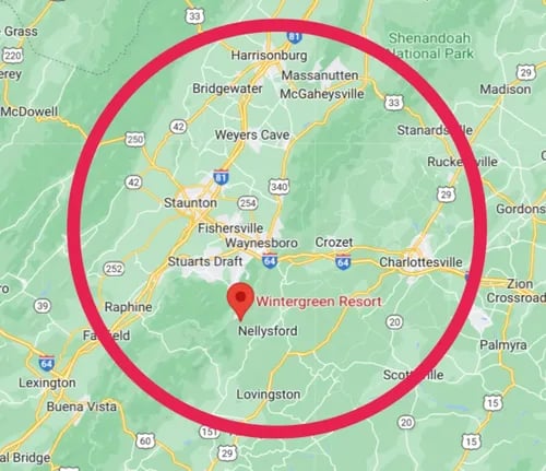 Map of Waynesboro, Virginia with 40 mile radius including Wintergreen Resort and Charlottesville