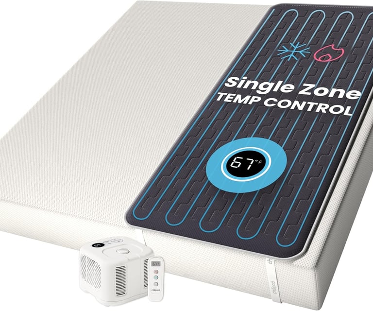 The ChiliPad Cube bed cooling system showing the control unit and mattress topper.