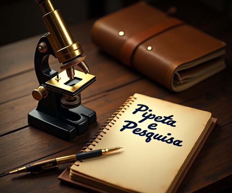 Microscópio dourado simbolo da pipeta e pesquisa, encima da mesa com uma caneta e um caderno