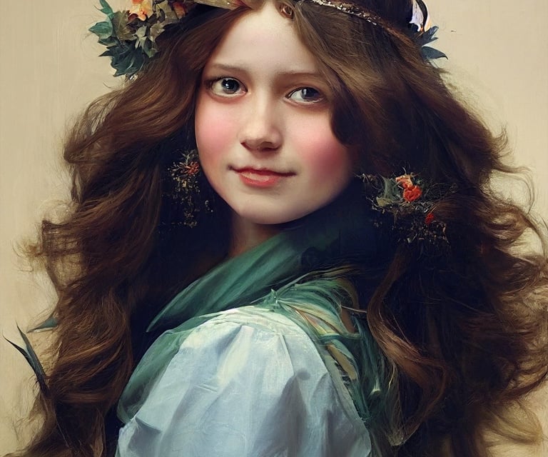 a woman with long hair and a flower crown