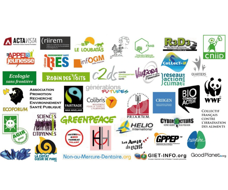 Collection of environmental logos including Greenpeace, WWF, Fairtrade, and various French ecology associations.