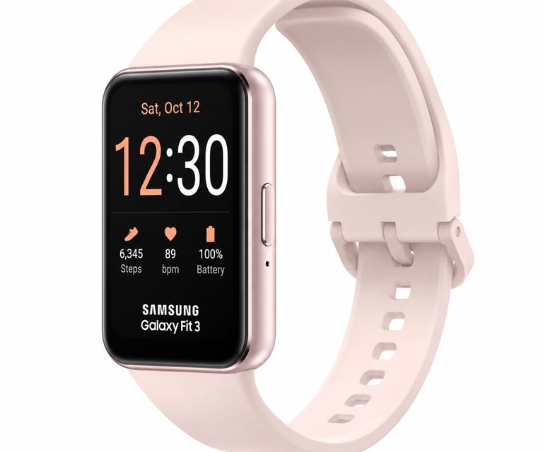 Rose gold Samsung Galaxy Fit 3 smartwatch with a blush pink band with a on a black AMOLED screen.