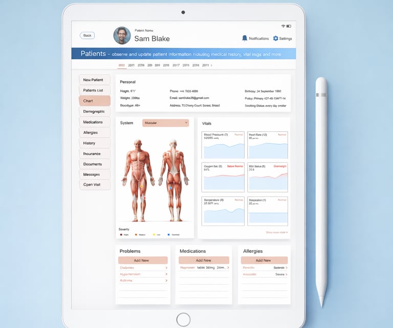 Digital patient portal interface on a white tablet displaying electronic health records and vitals.