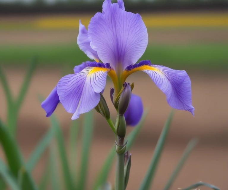 A close-up of a delicate iris flower with soft morning light highlighting its petals.