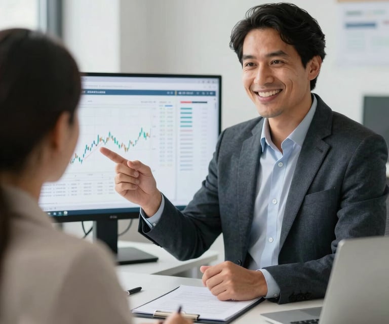 Financial advisor presenting a digital chart to a client in a bright office. The focus is on the positive data displayed on the screen. Latin American professional setting.