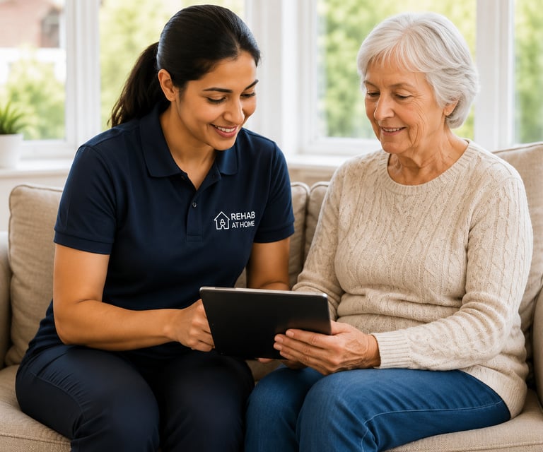 A female home health care provider showing a senior woman a digital tablet during a rehab at home visit.
