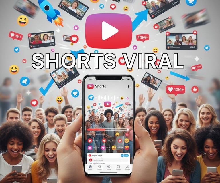 As mãos seguram um smartphone exibindo um vídeo Shorts viral na tela, rodeado por uma multidã