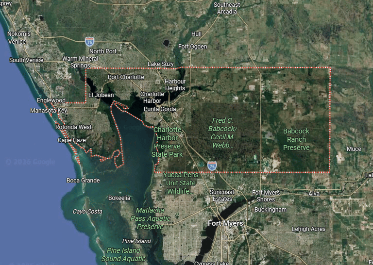Aerial satellite map of Southwest Florida showing Charlotte Harbor, Punta Gorda, and Babcock Ranch Preserve.