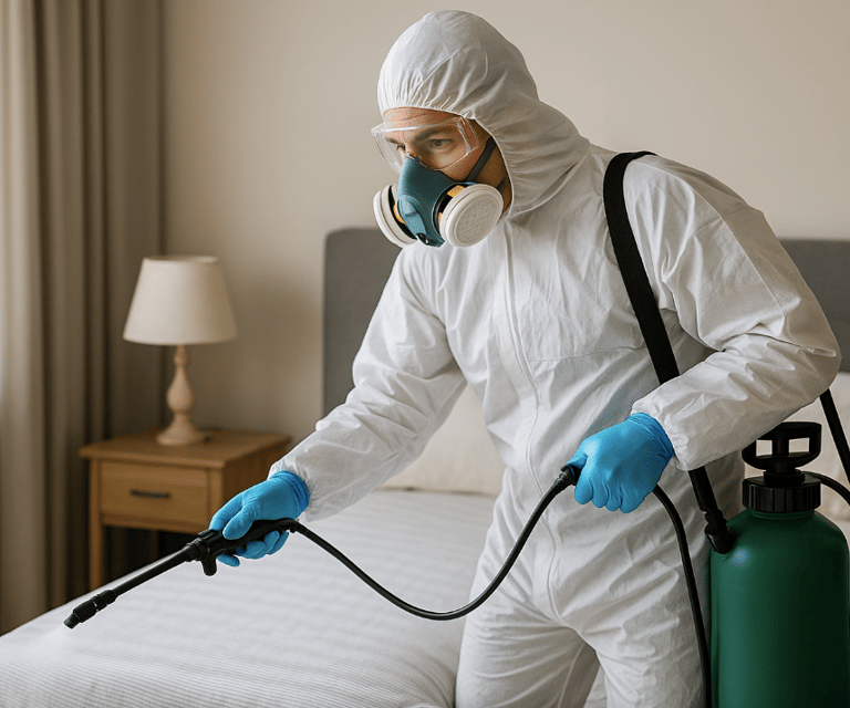 désinsectiseur professionnel pulvérisant un matelas contre les punaises de lit dans une chambre