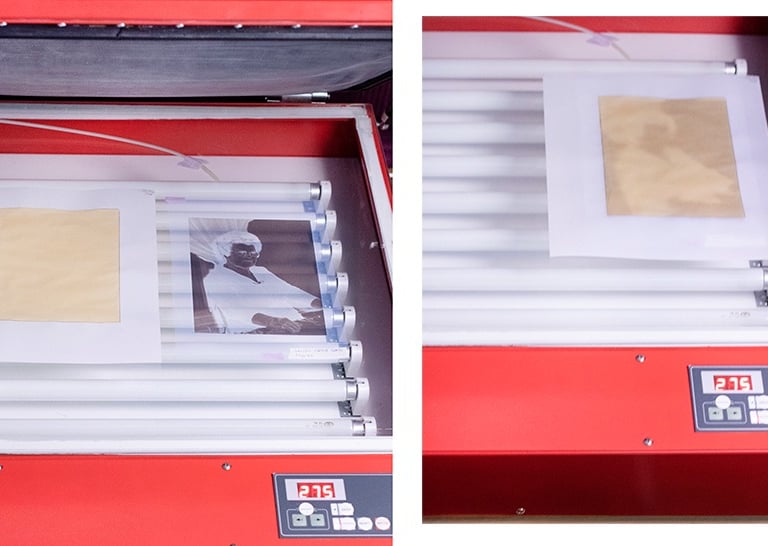 The print with the Platinum solution is placed in a press with UV light and the negative