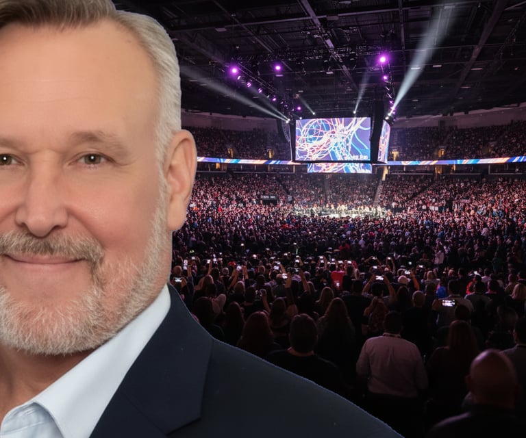 gary k at a speaking event in an arena