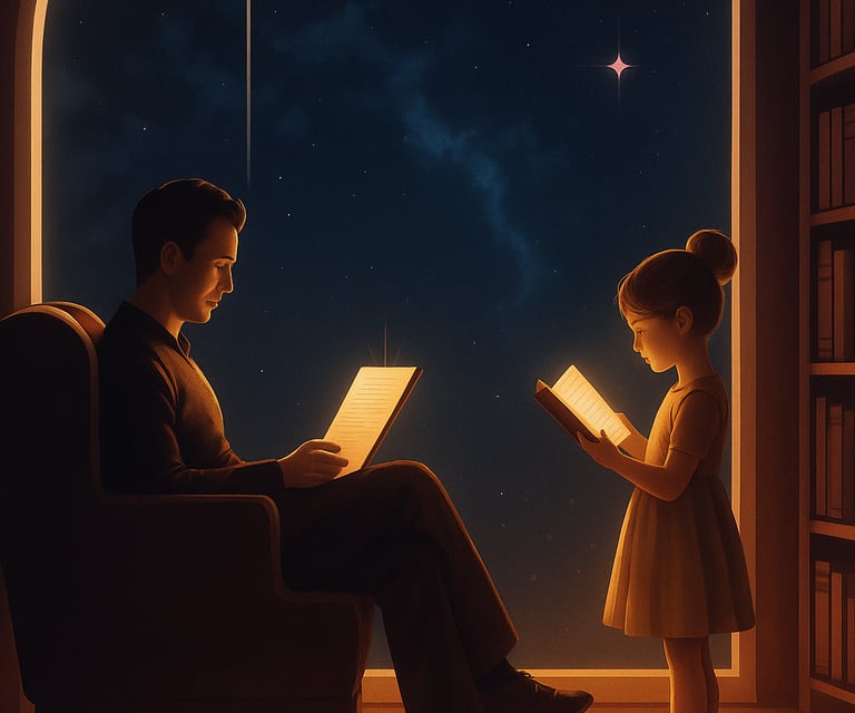 "Father and daughter reading books together in a cozy library at night, warm light, family bonding, 