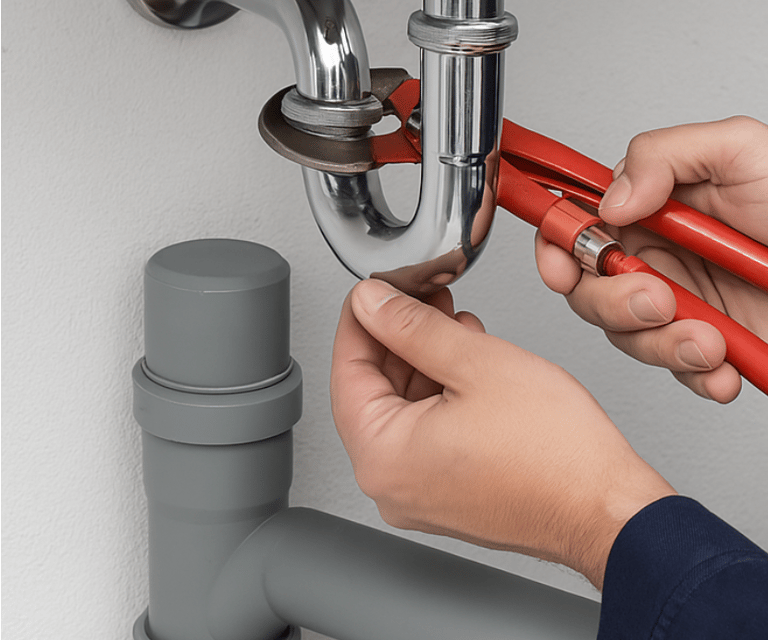 a plumber fixing a pipe in a bathroom