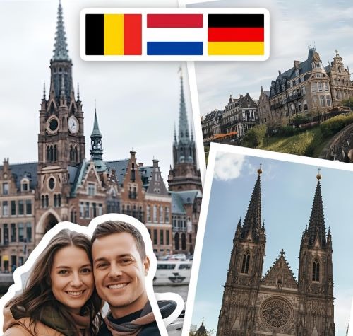 Couple traveling through Belgium, Netherlands, and Germany with historic European architecture and cathedrals.