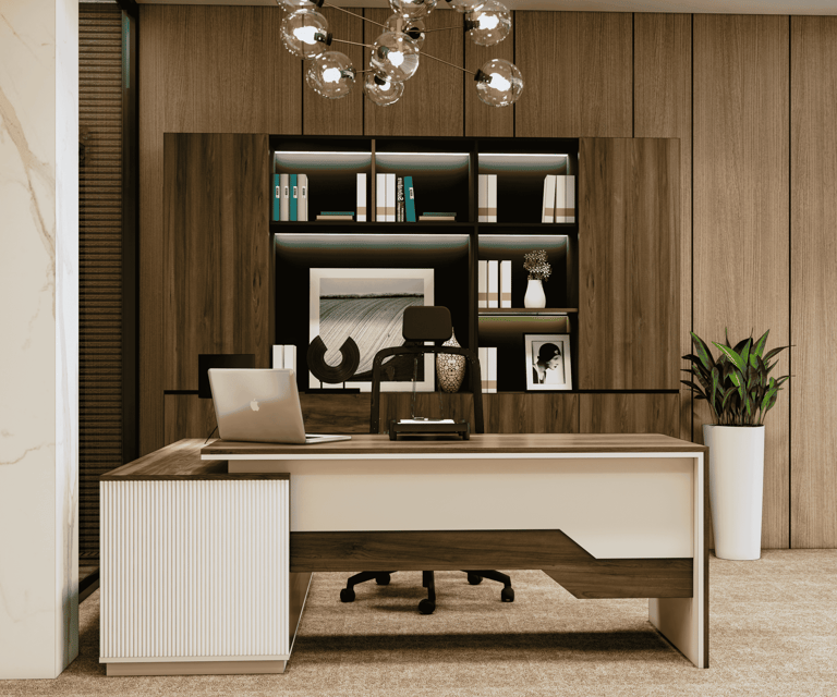 a modern office desk with a desk and a lamp