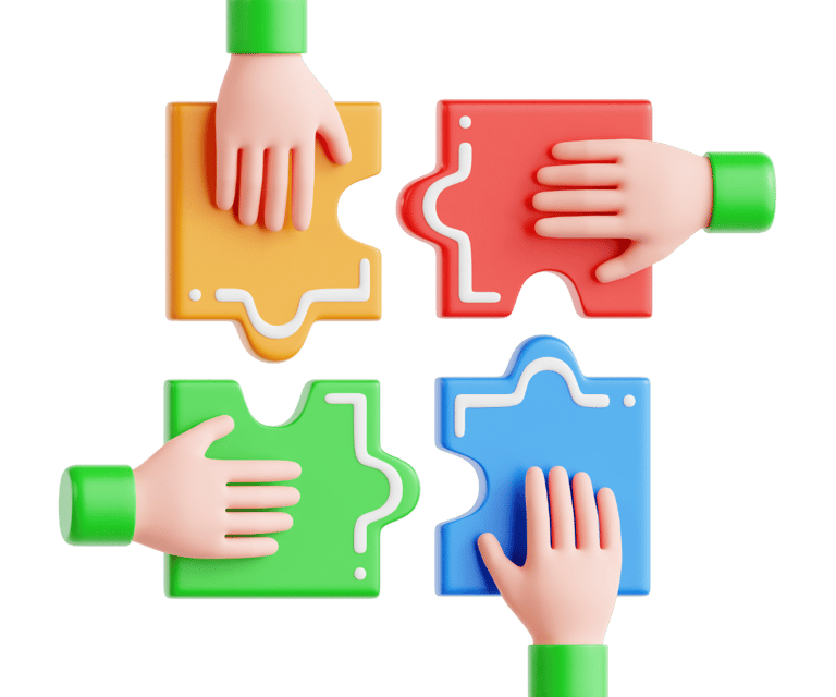 Group of people holding puzzle pieces, symbolizing collaboration and social impact.