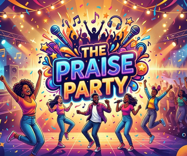 Vibrant illustration of The Praise Party with diverse people dancing at a spirit filled event.