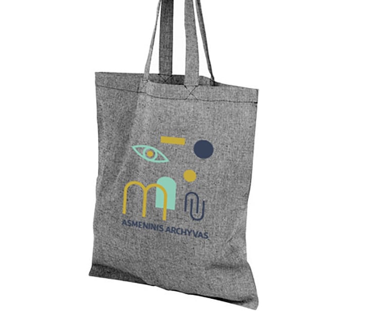 Gray fabric bag with illustrations and text: Personal archive. .