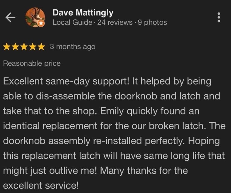 5 star Google review for residential locksmith service in Spruce Pine NC