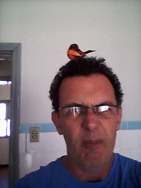 a man with glasses and a bird on his head