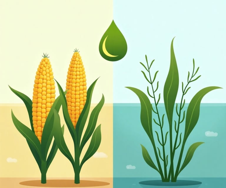 Juxtaposition artwork: Depict traditional biofuel crops (corn, sugarcane) competing with food on fer