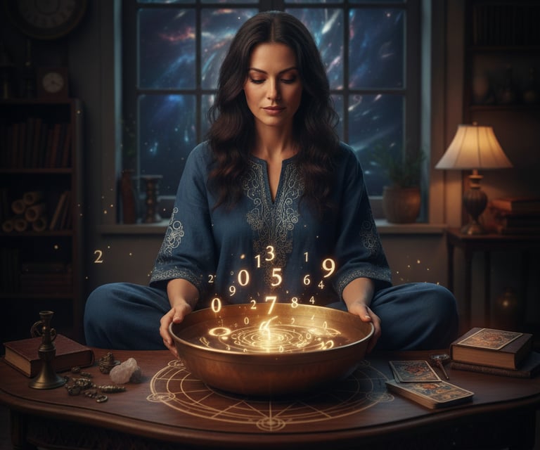 a woman sitting in a meditation position with a bowl of gold coins