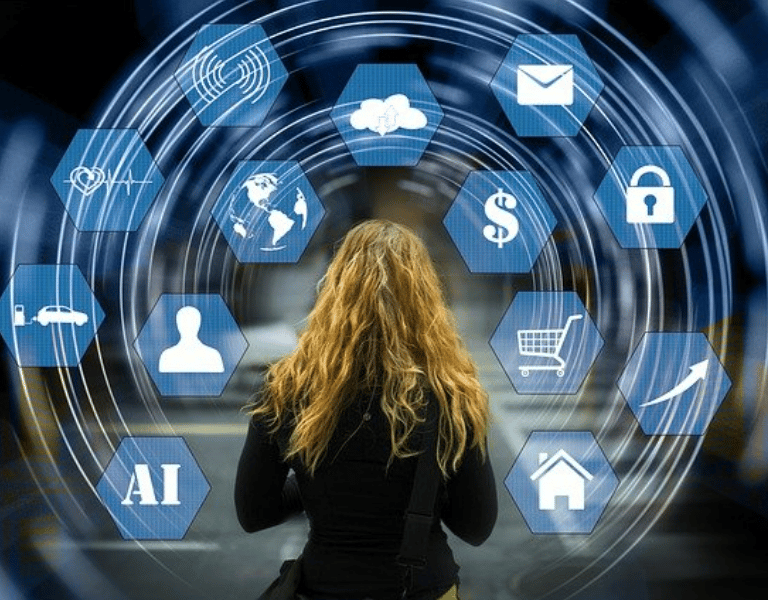 a woman infront of a technology pad with different holographic options in front of her