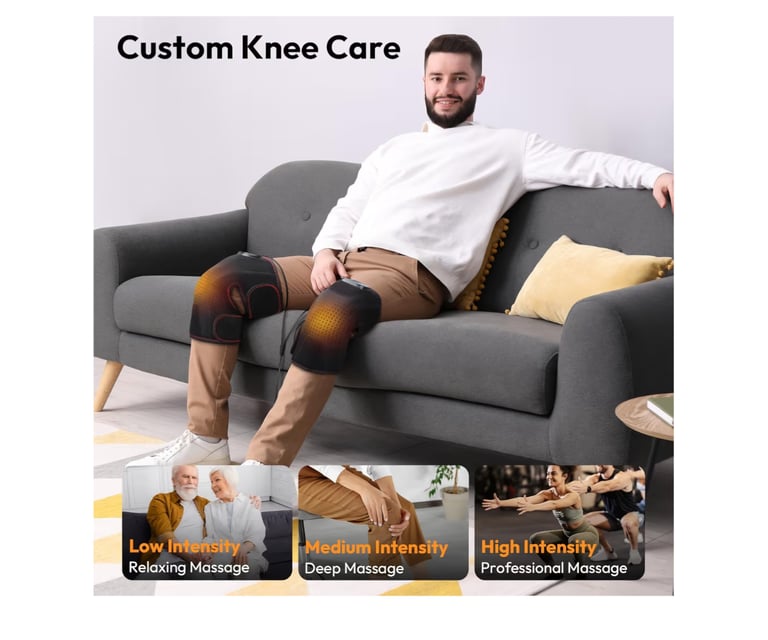 Quinear knee massager for pain relief being used at home for sore knees.