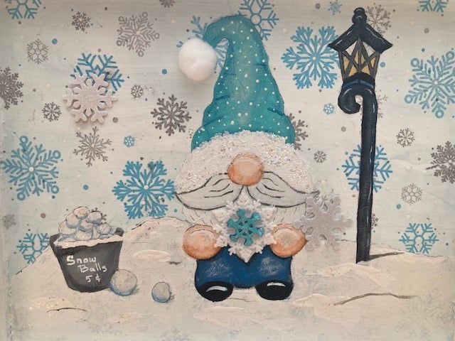 Gnome, snowballs, snowflakes acrylic art
