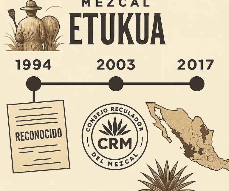 Línea de tiempo con los tres hitos históricos más importantes en la regulación del mezcal