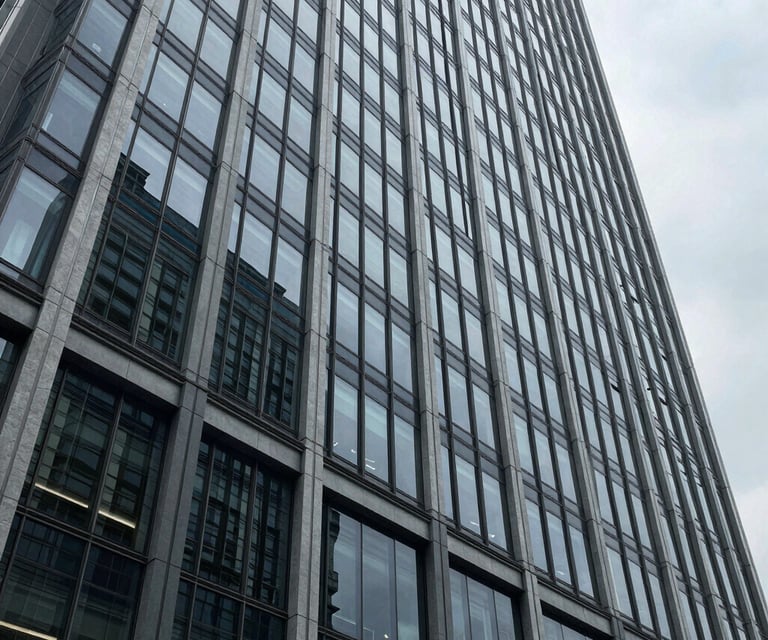 Cool architectural photography of a modern glass and steel skyscraper facade, sharp overcast daylight, desaturated blues and slate tones, wide-angle lens, high-contrast corporate realism.